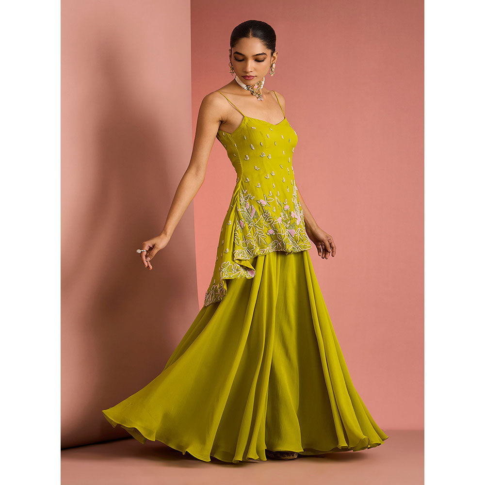 MILU MADAN Womens Georgette Silk Beads Embroidered Green Kurti with Sharara and Dupatta