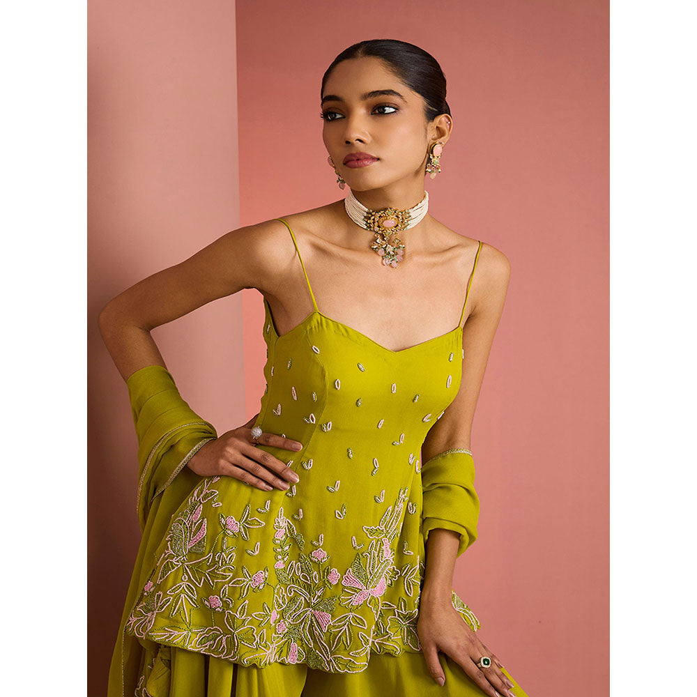 MILU MADAN Womens Georgette Silk Beads Embroidered Green Kurti with Sharara and Dupatta