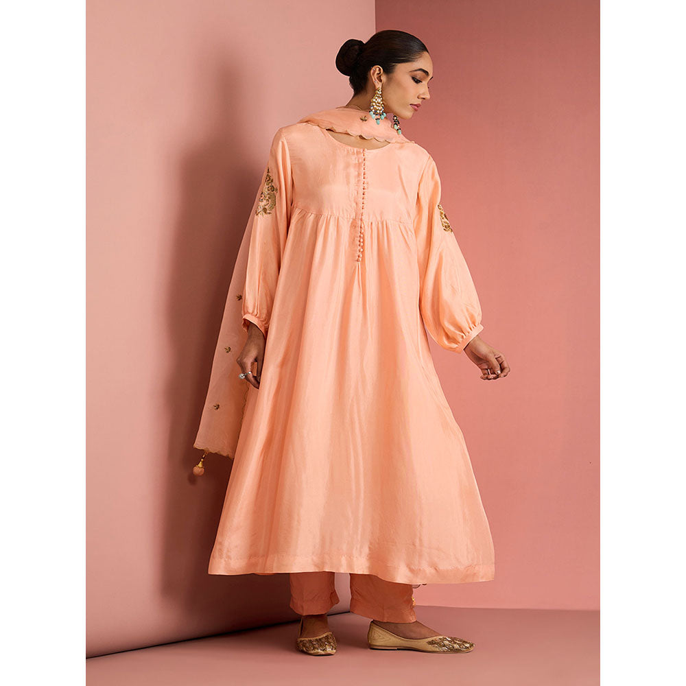 MILU MADAN Womens Silk Blend Sequined Solid Peach Kurta with Pant and Dupatta