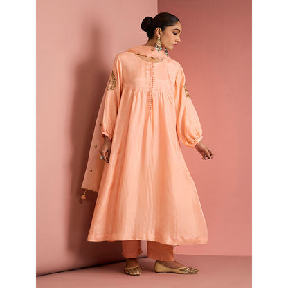 MILU MADAN Womens Silk Blend Sequined Solid Peach Kurta with Pant and Dupatta