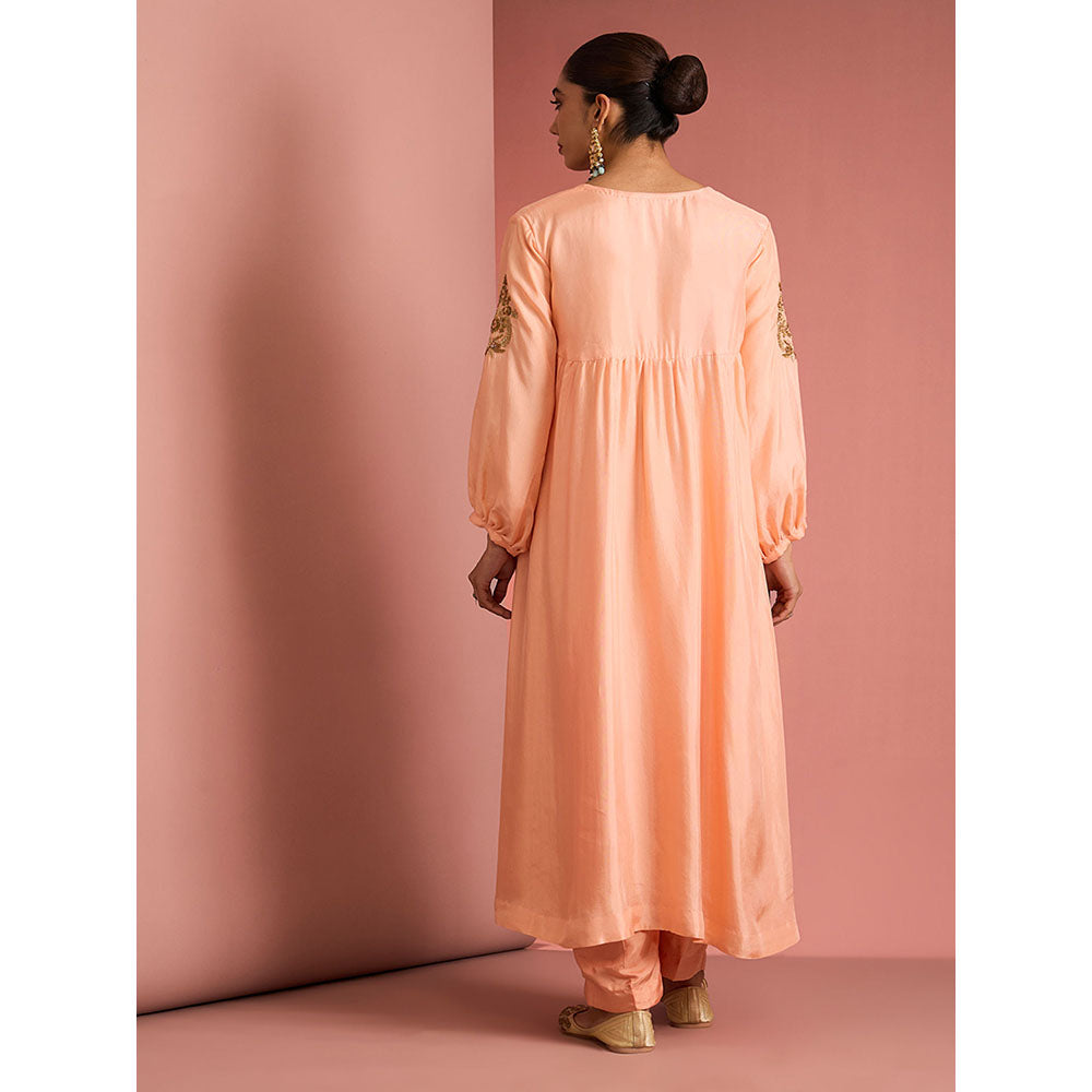 MILU MADAN Womens Silk Blend Sequined Solid Peach Kurta with Pant and Dupatta