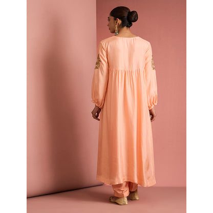 MILU MADAN Womens Silk Blend Sequined Solid Peach Kurta with Pant and Dupatta