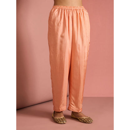 MILU MADAN Womens Silk Blend Sequined Solid Peach Kurta with Pant and Dupatta