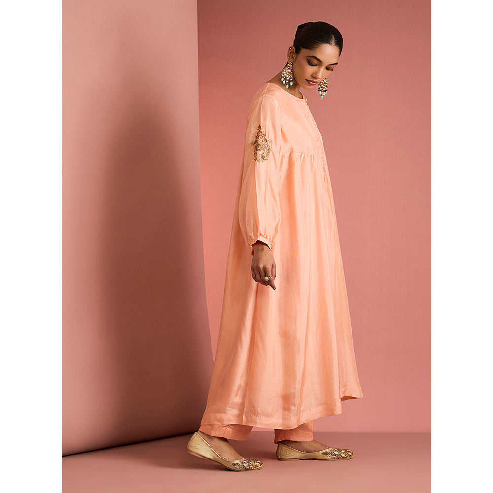 MILU MADAN Womens Silk Blend Sequined Solid Peach Kurta with Pant and Dupatta