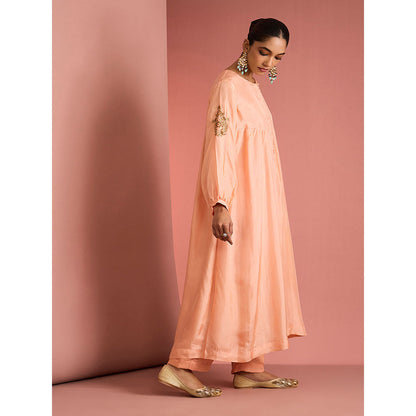 MILU MADAN Womens Silk Blend Sequined Solid Peach Kurta with Pant and Dupatta