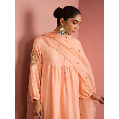 MILU MADAN Womens Silk Blend Sequined Solid Peach Kurta with Pant and Dupatta