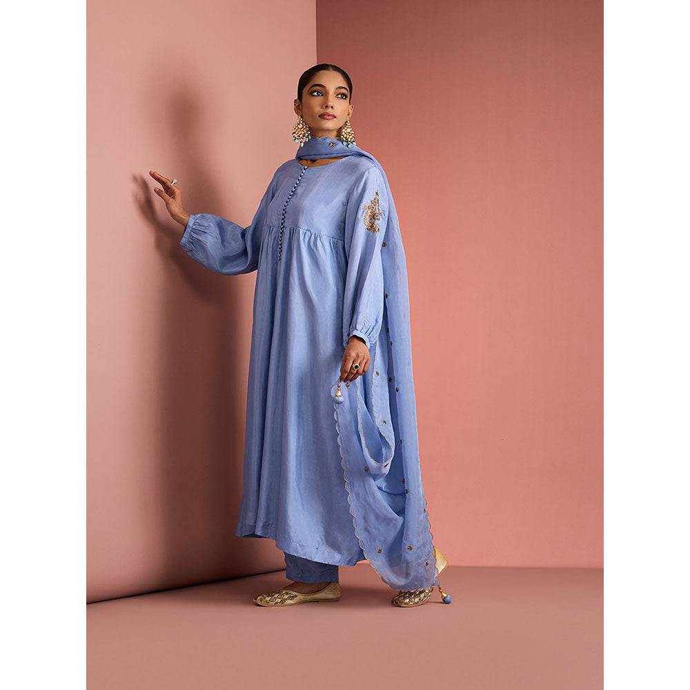 MILU MADAN Womens Silk Blend Sequined Solid Blue Kurta with Pant and Dupatta