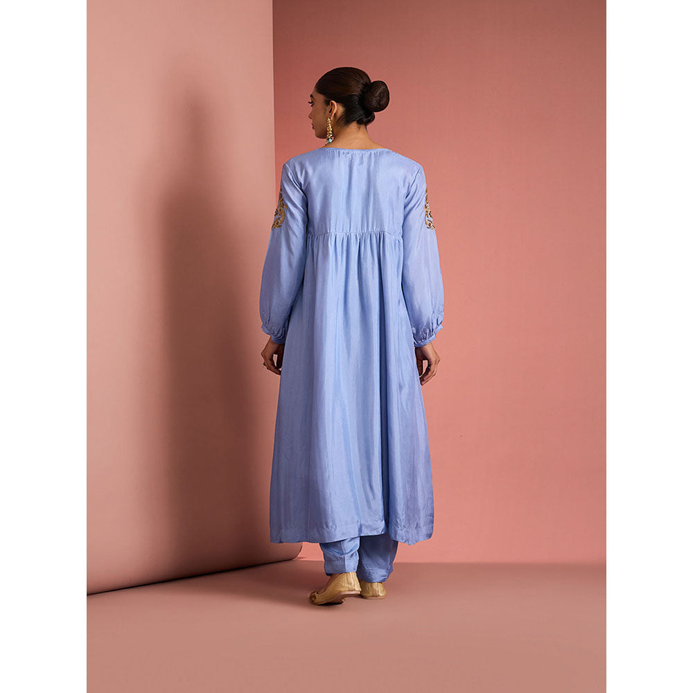 MILU MADAN Womens Silk Blend Sequined Solid Blue Kurta with Pant and Dupatta