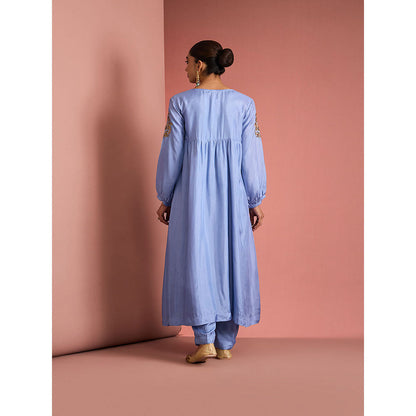 MILU MADAN Womens Silk Blend Sequined Solid Blue Kurta with Pant and Dupatta