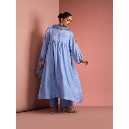 MILU MADAN Womens Silk Blend Sequined Solid Blue Kurta with Pant and Dupatta