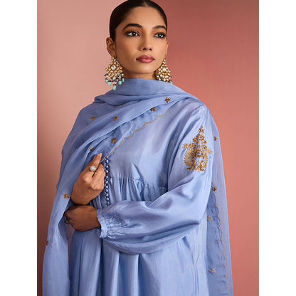 MILU MADAN Womens Silk Blend Sequined Solid Blue Kurta with Pant and Dupatta