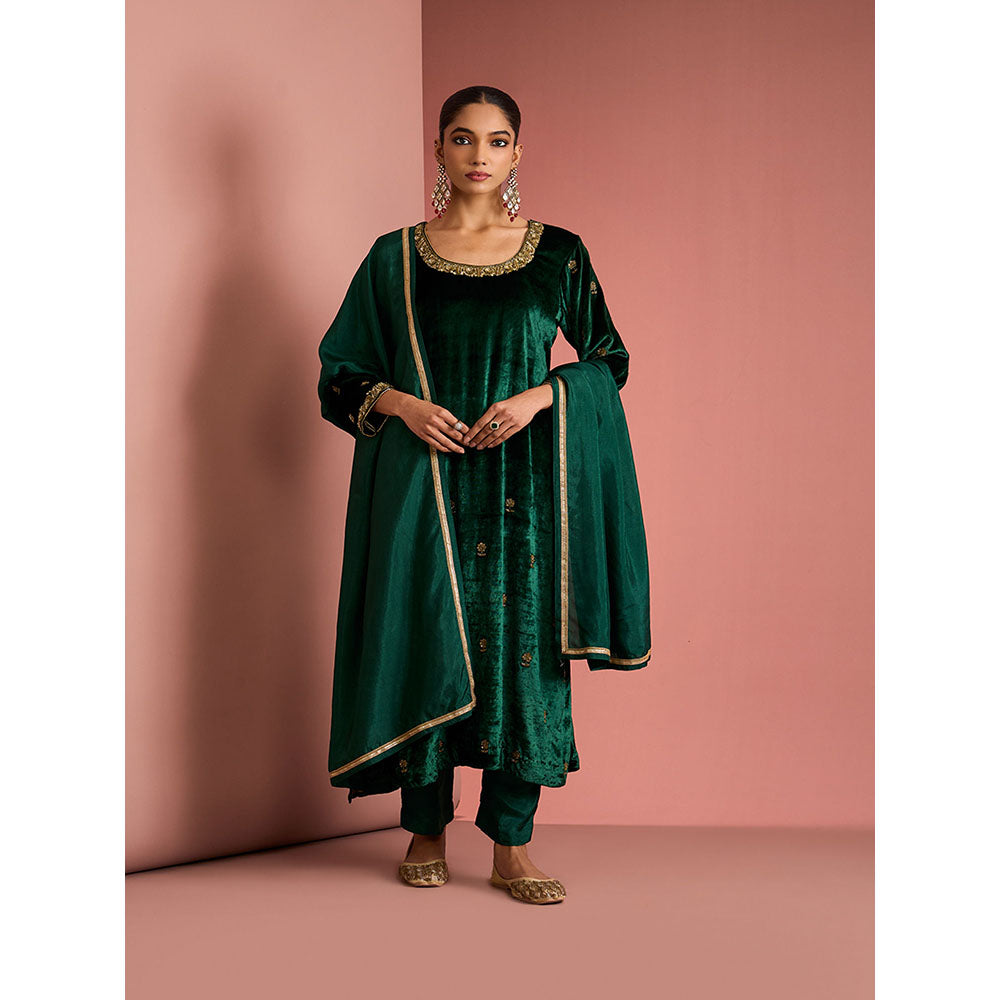 MILU MADAN Womens Velvet Sequined Embroidered Green Kurta with Pant and Dupatta