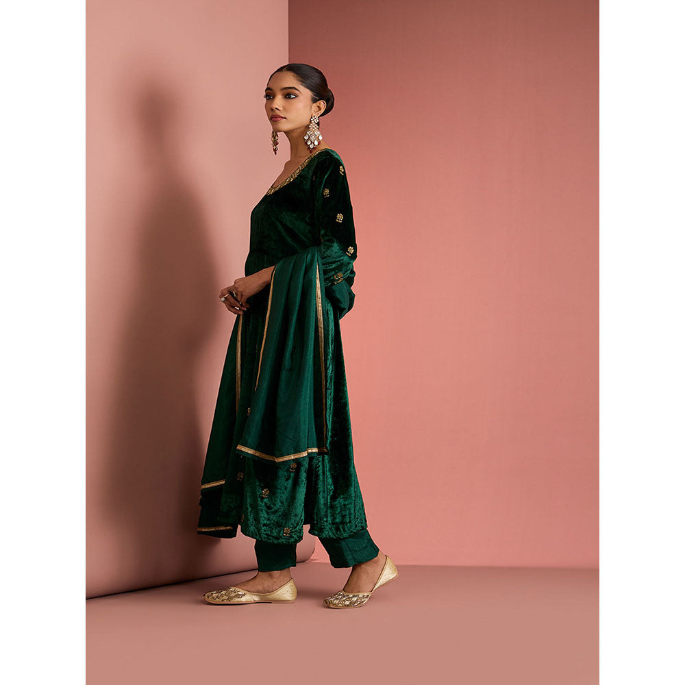 MILU MADAN Womens Velvet Sequined Embroidered Green Kurta with Pant and Dupatta