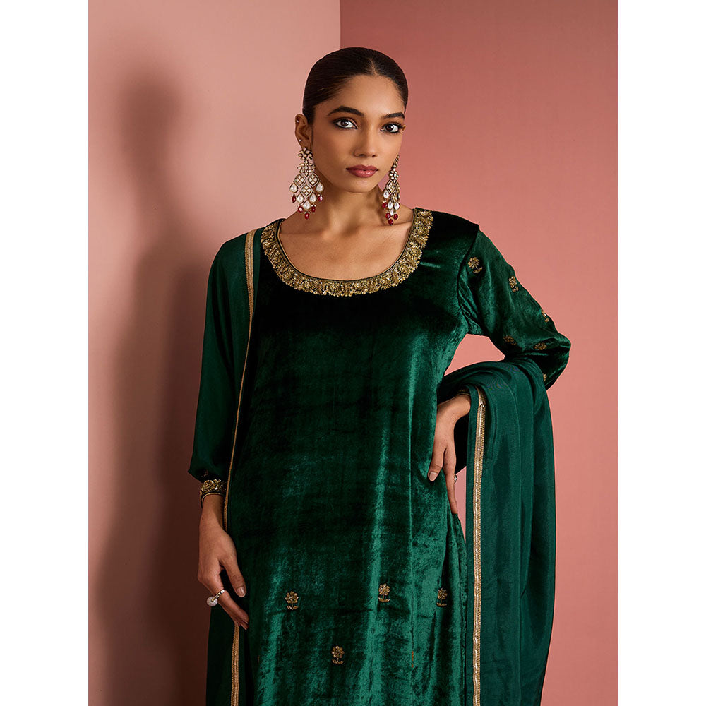 MILU MADAN Womens Velvet Sequined Embroidered Green Kurta with Pant and Dupatta