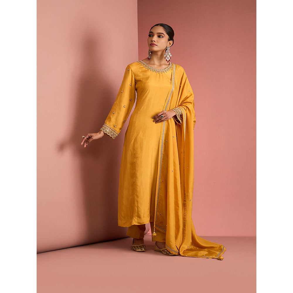 MILU MADAN Womens Silk Blend Beads Embroidered Mustard Kurta with Pant and Dupatta