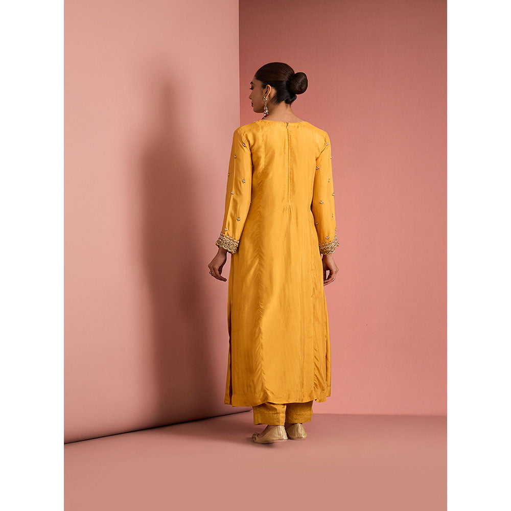 MILU MADAN Womens Silk Blend Beads Embroidered Mustard Kurta with Pant and Dupatta