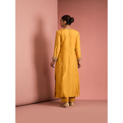 MILU MADAN Womens Silk Blend Beads Embroidered Mustard Kurta with Pant and Dupatta