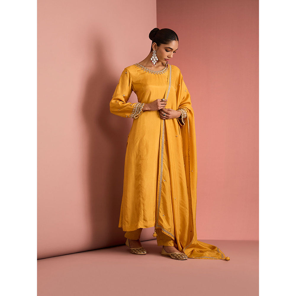MILU MADAN Womens Silk Blend Beads Embroidered Mustard Kurta with Pant and Dupatta