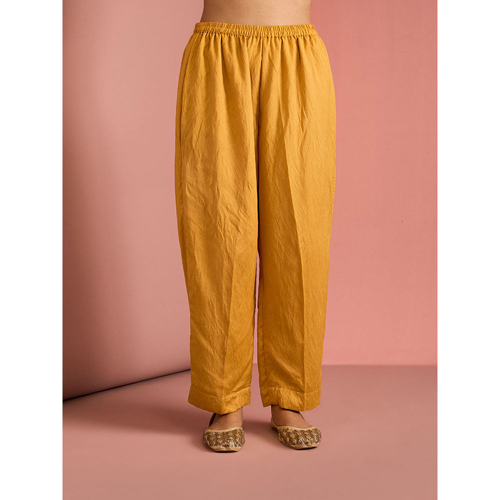 MILU MADAN Womens Silk Blend Beads Embroidered Mustard Kurta with Pant and Dupatta