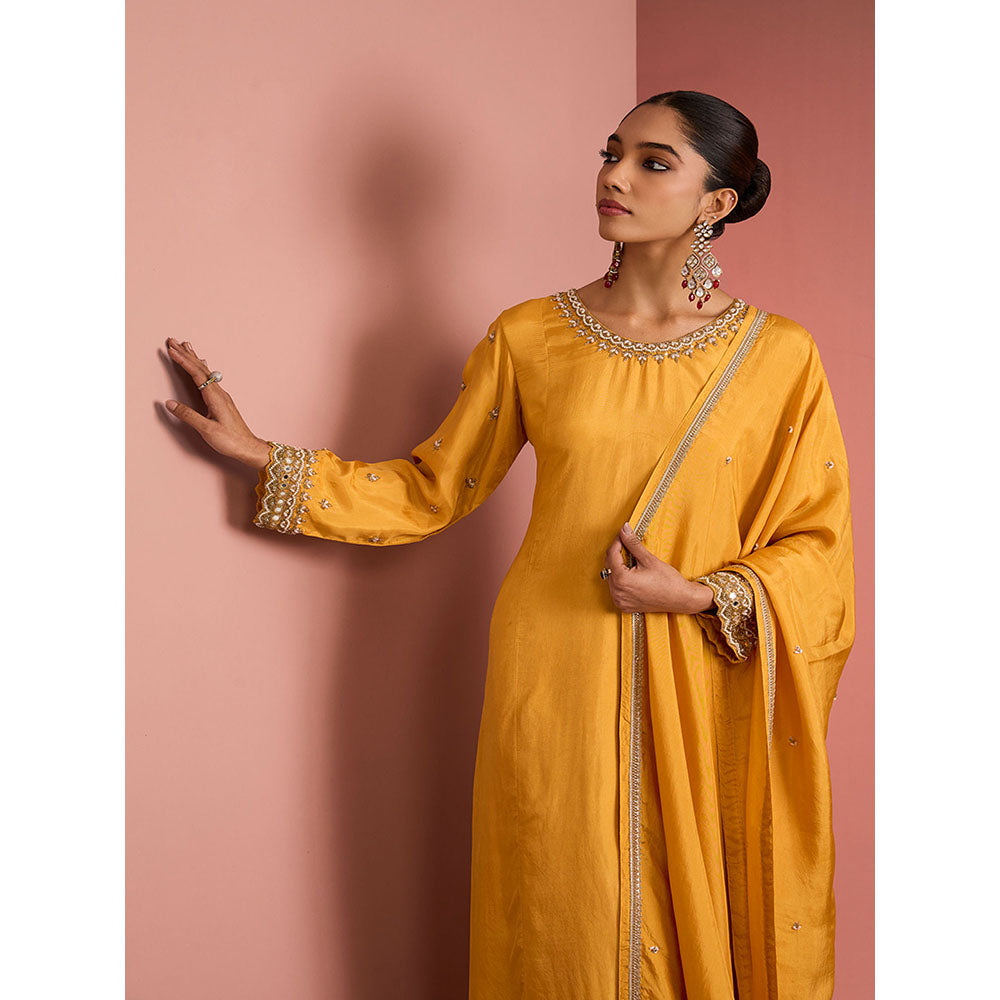 MILU MADAN Womens Silk Blend Beads Embroidered Mustard Kurta with Pant and Dupatta