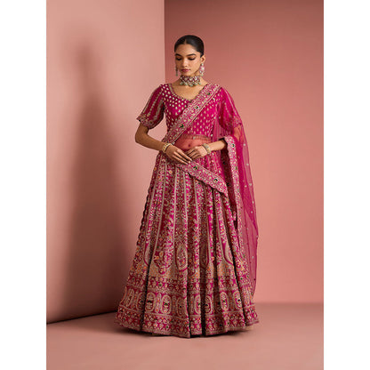 MILU MADAN Womens Raw Silk Sequined Embroidered Pink Lehenga with Stitched Blouse and Dupatta