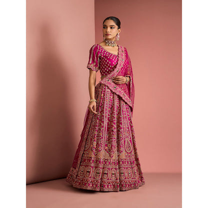 MILU MADAN Womens Raw Silk Sequined Embroidered Pink Lehenga with Stitched Blouse and Dupatta