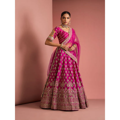 MILU MADAN Womens Raw Silk Sequined Embroidered Pink Lehenga with Stitched Blouse and Dupatta