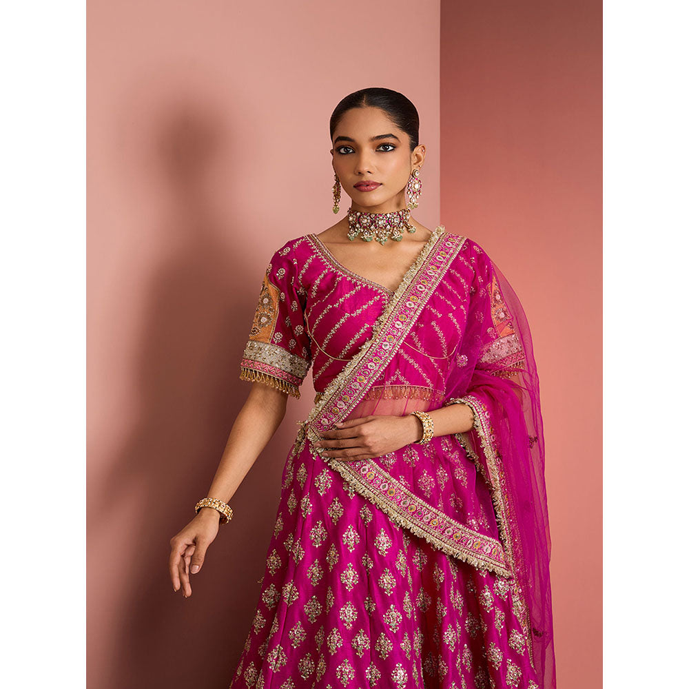 MILU MADAN Womens Raw Silk Sequined Embroidered Pink Lehenga with Stitched Blouse and Dupatta