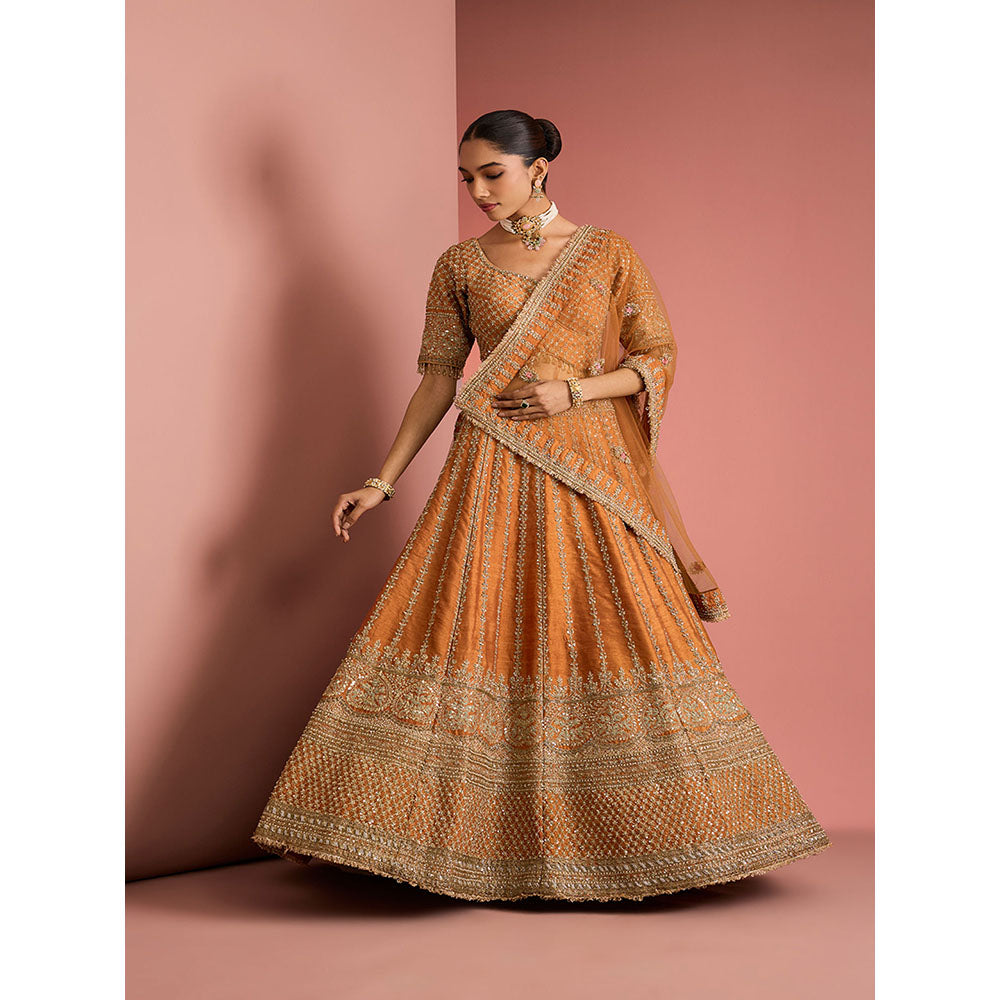 MILU MADAN Womens Raw Silk Sequined Embroidered Rust Lehenga with Stitched Blouse and Dupatta