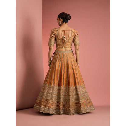 MILU MADAN Womens Raw Silk Sequined Embroidered Rust Lehenga with Stitched Blouse and Dupatta