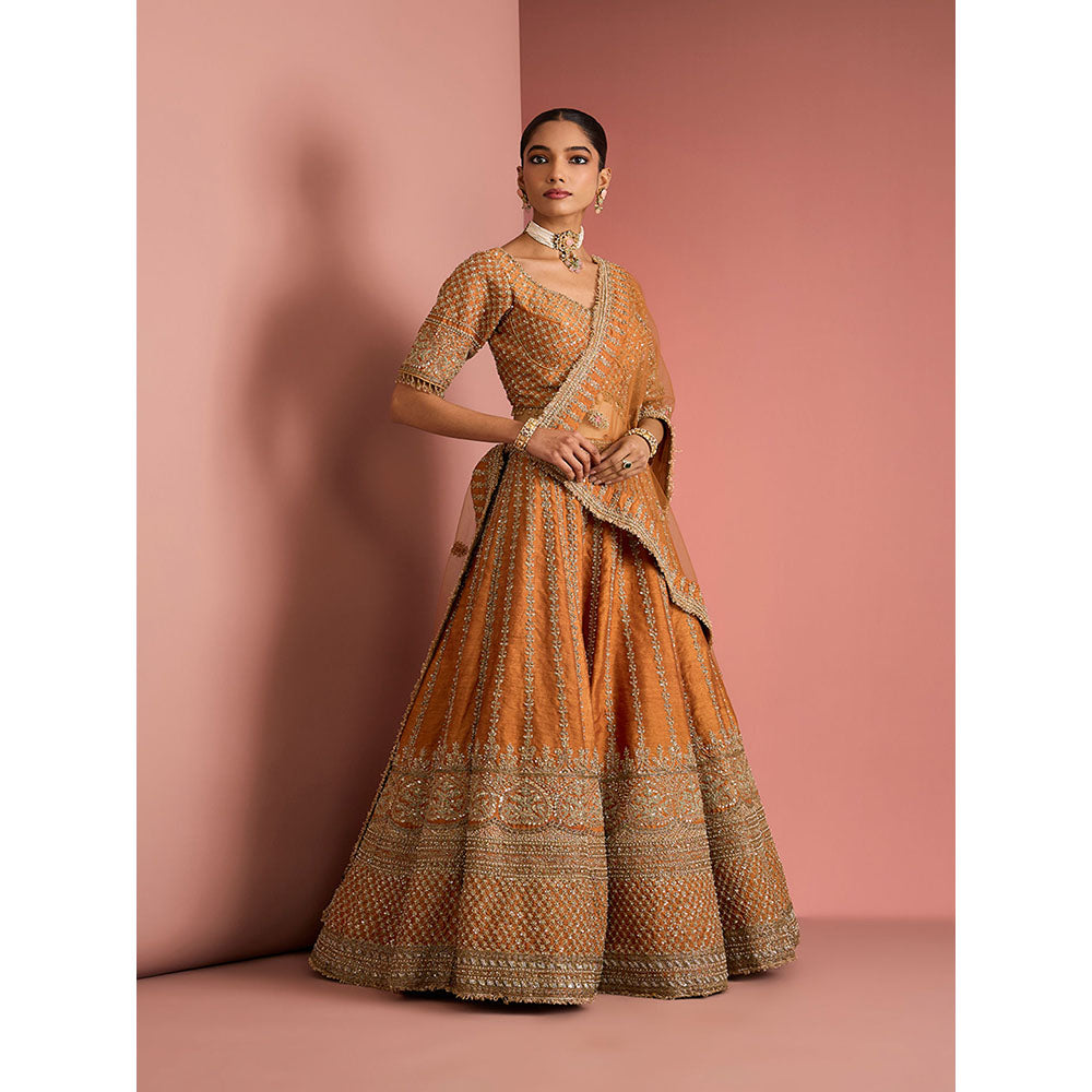 MILU MADAN Womens Raw Silk Sequined Embroidered Rust Lehenga with Stitched Blouse and Dupatta