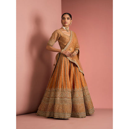 MILU MADAN Womens Raw Silk Sequined Embroidered Rust Lehenga with Stitched Blouse and Dupatta