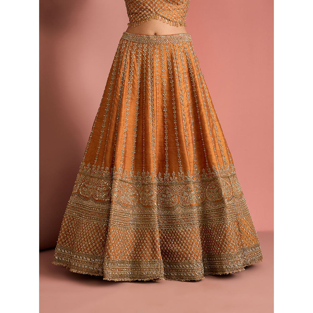 MILU MADAN Womens Raw Silk Sequined Embroidered Rust Lehenga with Stitched Blouse and Dupatta