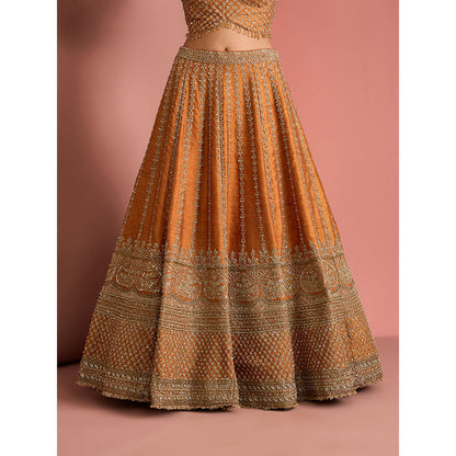 MILU MADAN Womens Raw Silk Sequined Embroidered Rust Lehenga with Stitched Blouse and Dupatta
