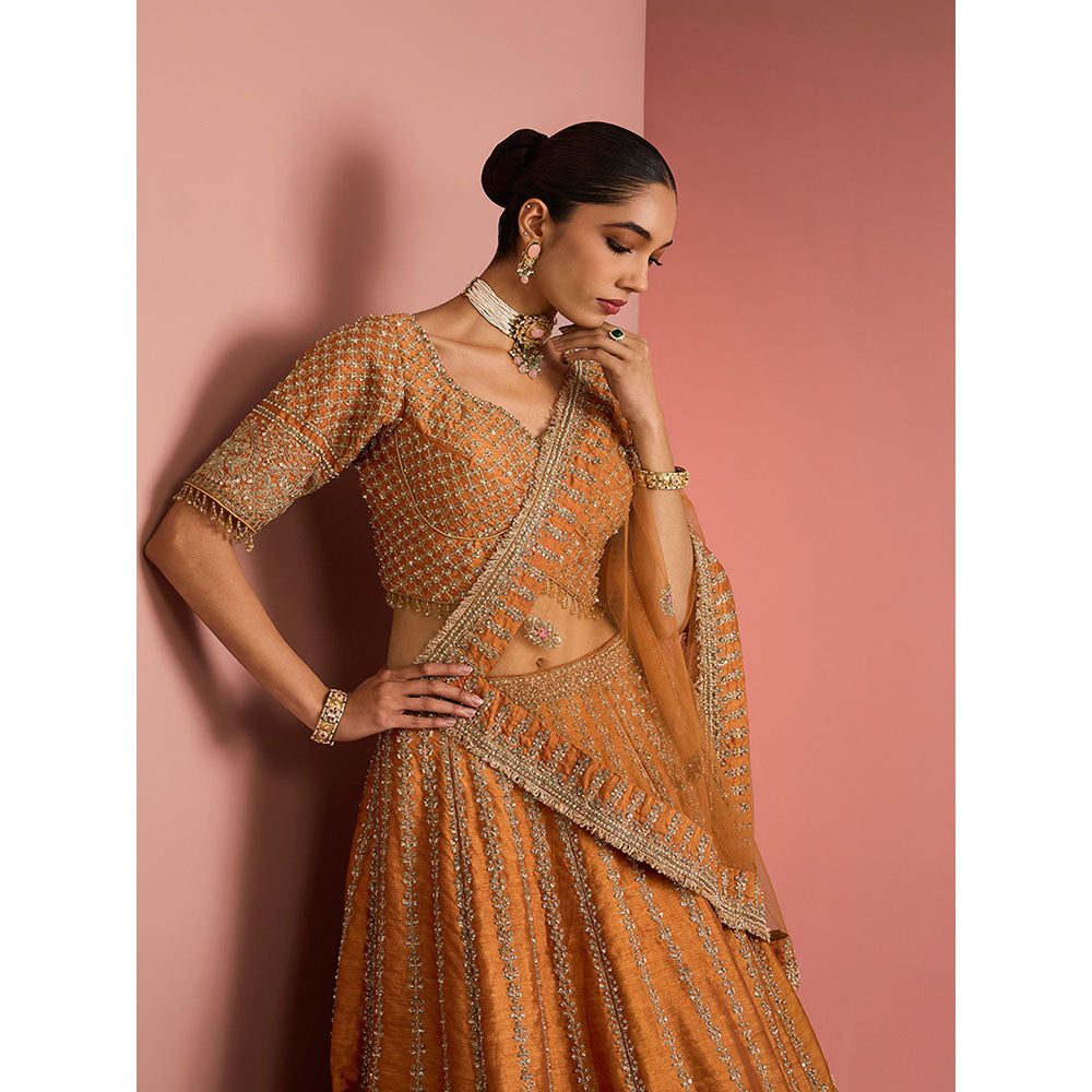 MILU MADAN Womens Raw Silk Sequined Embroidered Rust Lehenga with Stitched Blouse and Dupatta
