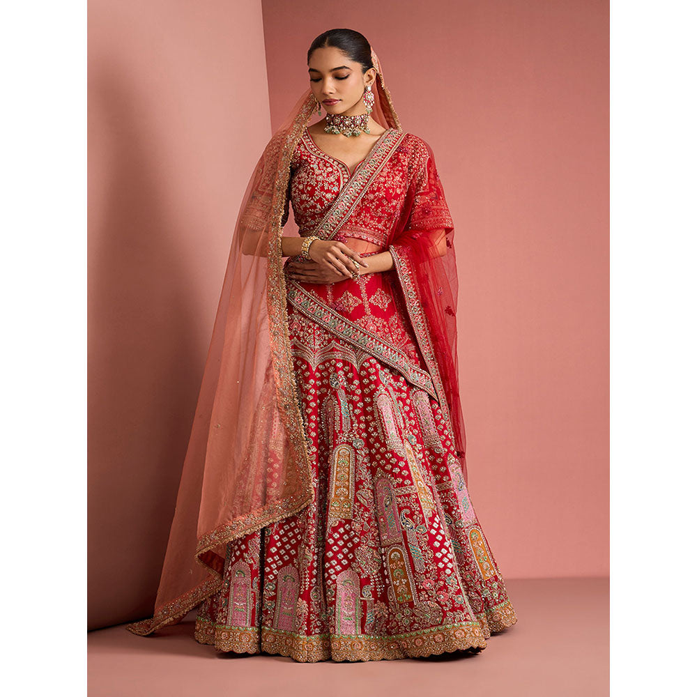 MILU MADAN Womens Raw Silk Sequined Embroidered Red Lehenga with Stitched Blouse and Dupattas