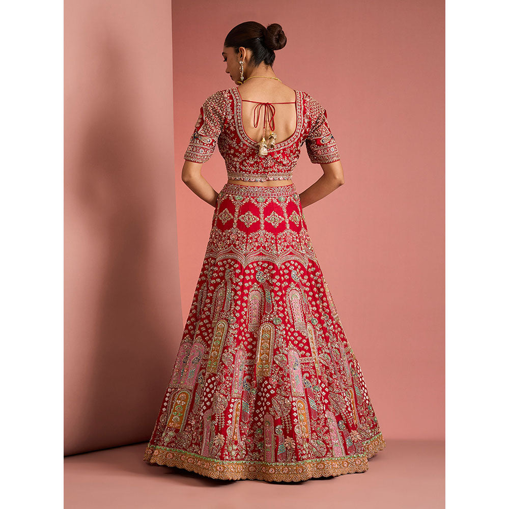 MILU MADAN Womens Raw Silk Sequined Embroidered Red Lehenga with Stitched Blouse and Dupattas