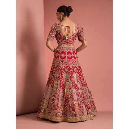 MILU MADAN Womens Raw Silk Sequined Embroidered Red Lehenga with Stitched Blouse and Dupattas