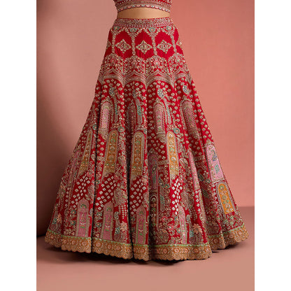 MILU MADAN Womens Raw Silk Sequined Embroidered Red Lehenga with Stitched Blouse and Dupattas