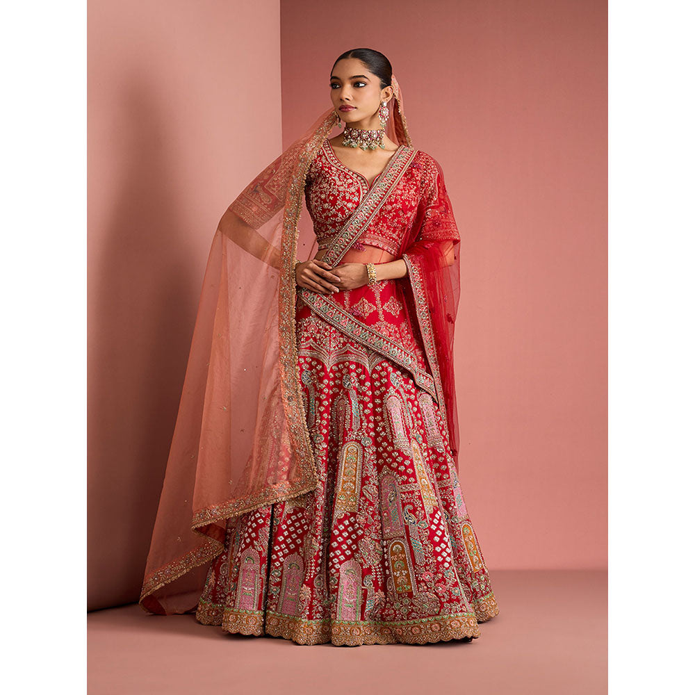 MILU MADAN Womens Raw Silk Sequined Embroidered Red Lehenga with Stitched Blouse and Dupattas