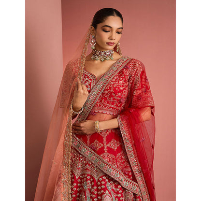 MILU MADAN Womens Raw Silk Sequined Embroidered Red Lehenga with Stitched Blouse and Dupattas