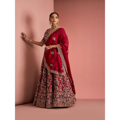 MILU MADAN Womens Raw Silk Beads Embroidered Red Lehenga with Stitched Blouse and Dupatta