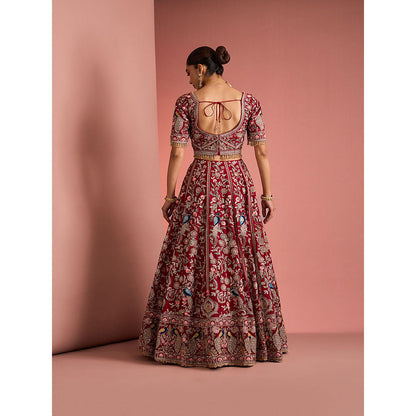 MILU MADAN Womens Raw Silk Beads Embroidered Red Lehenga with Stitched Blouse and Dupatta
