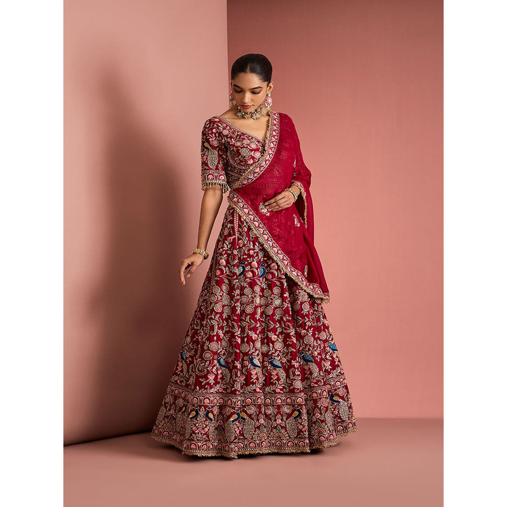 MILU MADAN Womens Raw Silk Beads Embroidered Red Lehenga with Stitched Blouse and Dupatta