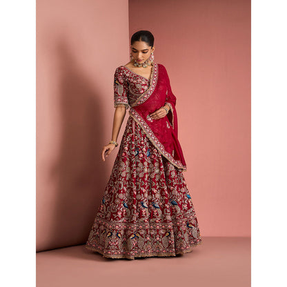 MILU MADAN Womens Raw Silk Beads Embroidered Red Lehenga with Stitched Blouse and Dupatta