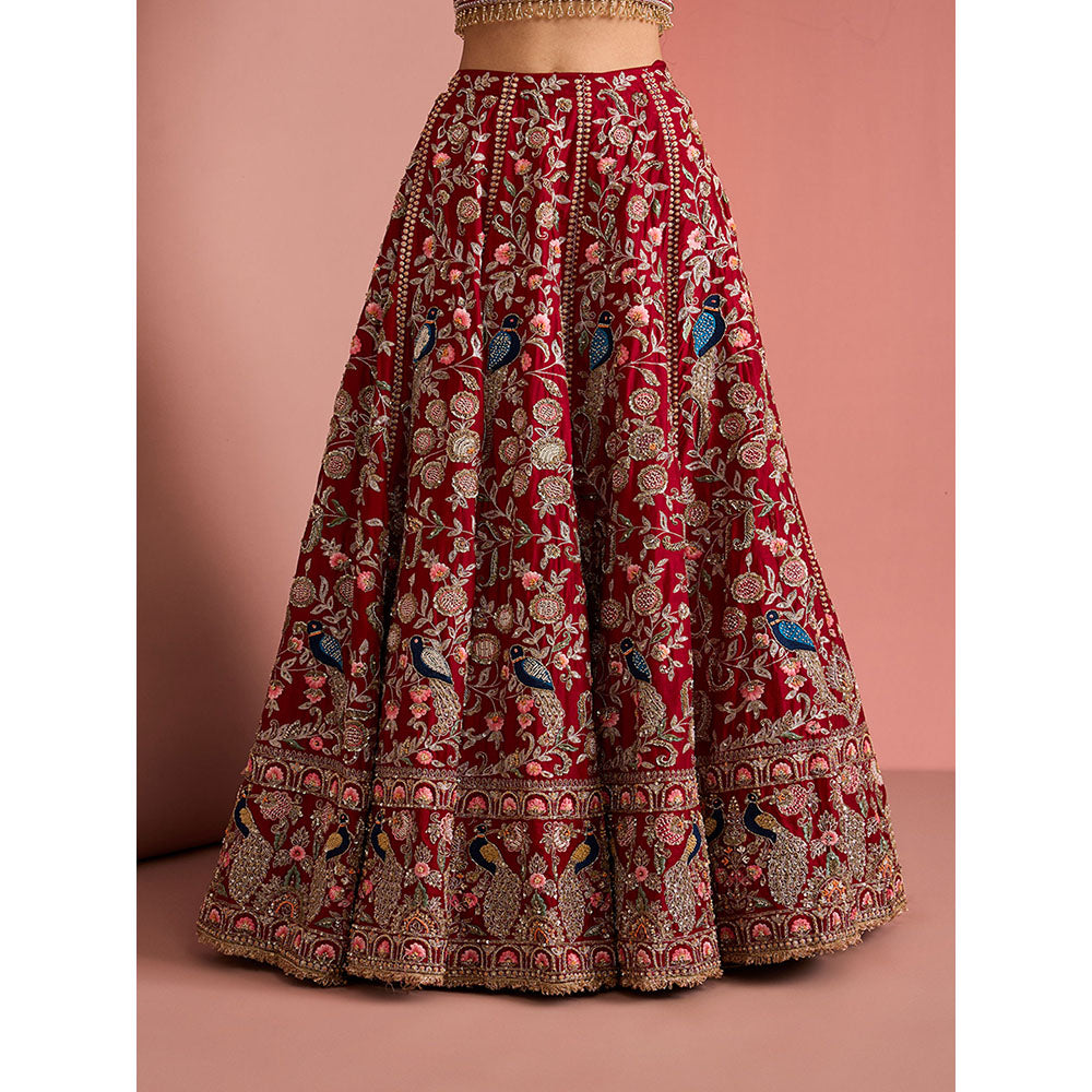 MILU MADAN Womens Raw Silk Beads Embroidered Red Lehenga with Stitched Blouse and Dupatta