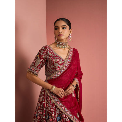 MILU MADAN Womens Raw Silk Beads Embroidered Red Lehenga with Stitched Blouse and Dupatta