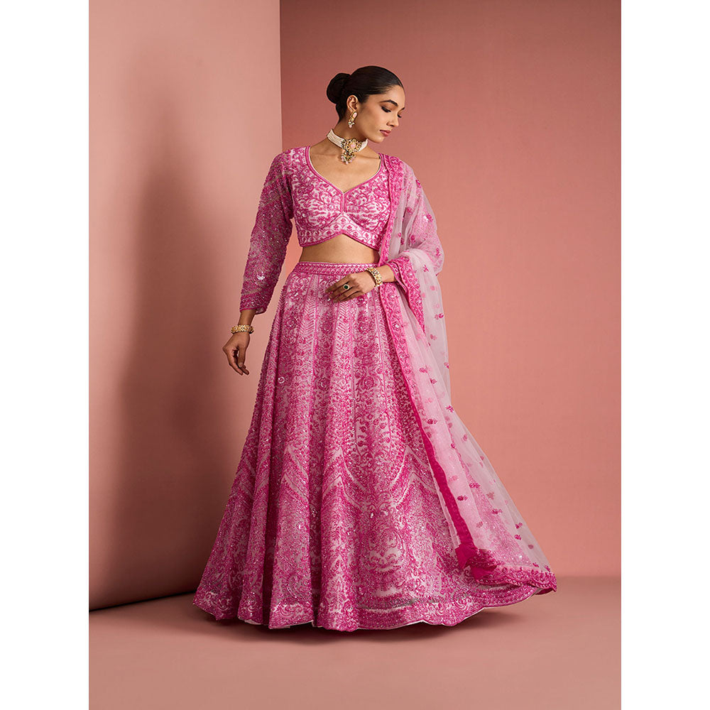 MILU MADAN Womens Net Sequined Embroidered Pink Lehenga with Stitched Blouse and Dupatta