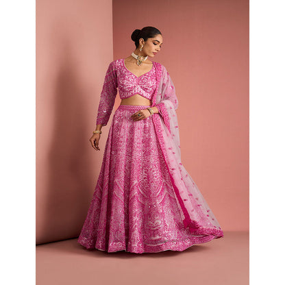 MILU MADAN Womens Net Sequined Embroidered Pink Lehenga with Stitched Blouse and Dupatta