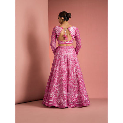 MILU MADAN Womens Net Sequined Embroidered Pink Lehenga with Stitched Blouse and Dupatta
